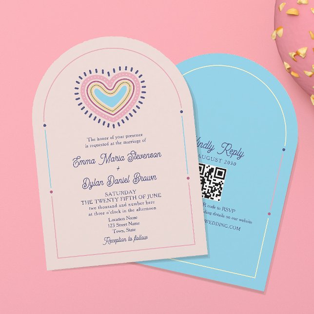Faire-part de mariage à l'Arche Rétro Cœur avec QR (Créateur téléchargé)