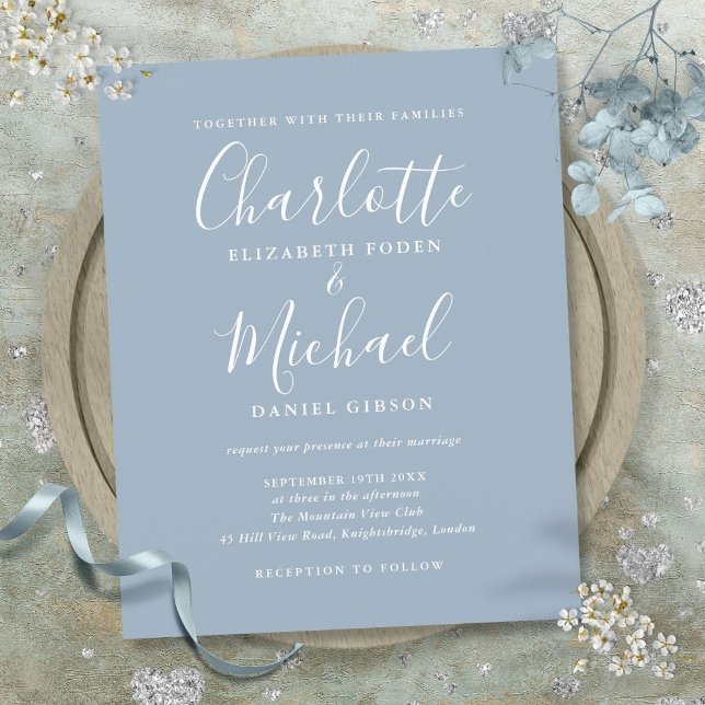 Faire-part de mariage à l'écriture Budget Dusty Bl (Budget Dusty Blue Script Wedding Invitation)