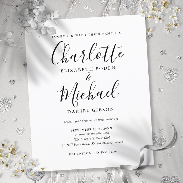 Faire-part de mariage à l'écriture noir et blanc d (Budget Black and White Script Wedding Invitation)