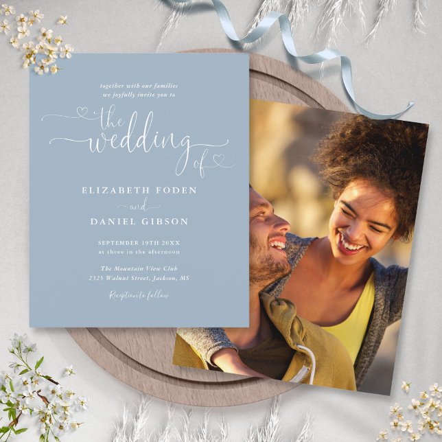 Faire-part de mariage à l'écriture poussiéreuse bl (Budget Photo Dusty Blue Script Wedding Invitation)