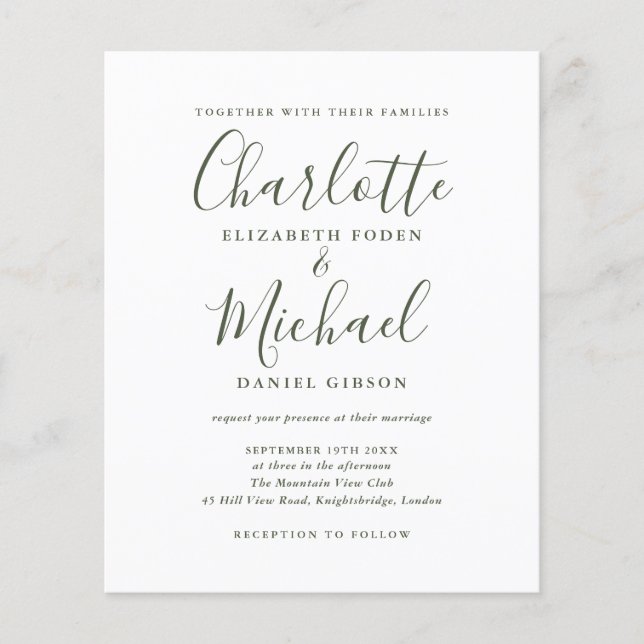 Faire-Part de Mariage à l'Écriture Simple Olive (Devant)