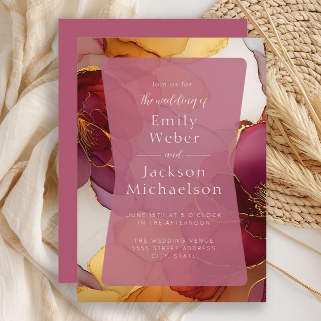 Faire-part de mariage à l'encre alcoolique ton joy (Burgundy and orange  alcohol ink wedding invitation)
