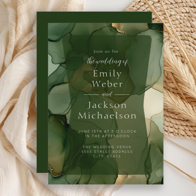 Faire-part de mariage à l'encre alcoolique vert ol (Emerald and olive green alcohol ink wedding invitation)