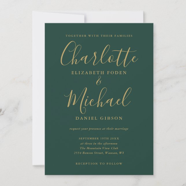 Faire-part de mariage à l'encre dorée sur fond ver (Devant)
