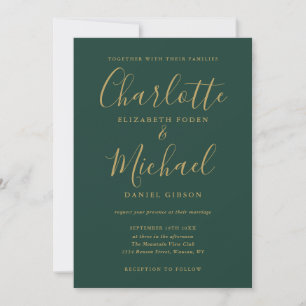 Faire-part de mariage à l'encre dorée sur fond ver