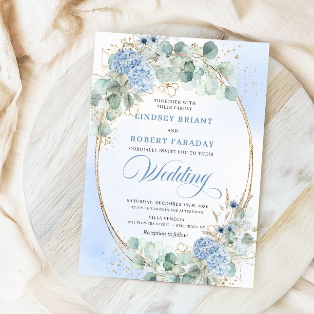 Faire-part de mariage à l'hydrangea bleu botanique (Botanical Blue Hydrangea Eucalyptus Wedding Invitation)