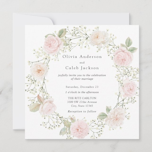 Faire-part de mariage à l'oeillet et aux roses ros (Devant)