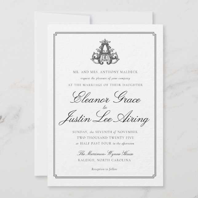 Faire-part de mariage à monogramme "A" noir (Devant)
