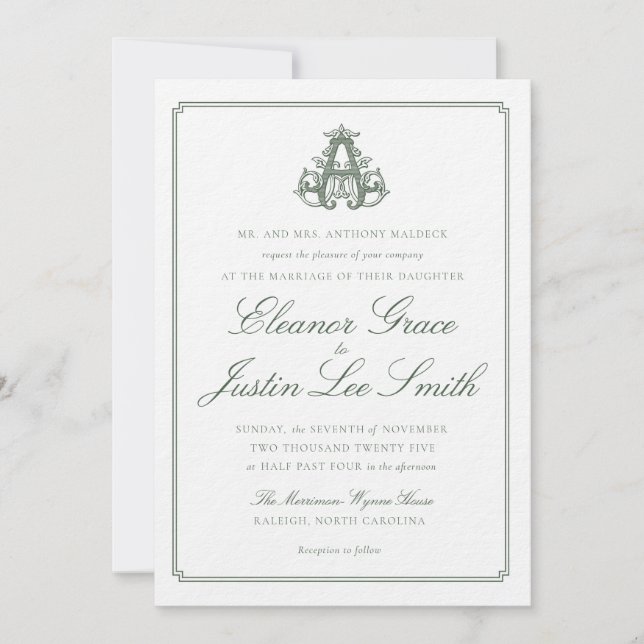 Faire-part de mariage à monogramme "A" vert foncé (Devant)