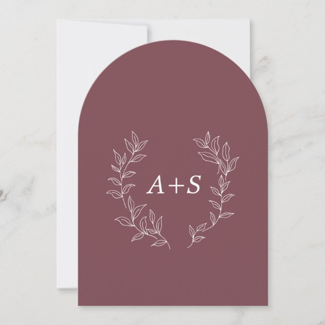 Faire-part de mariage à monogramme arqué à feuille (Devant)
