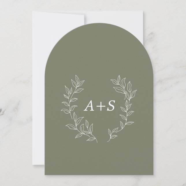 Faire-part de mariage à monogramme arqué à feuille (Devant)