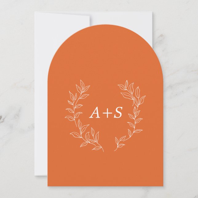 Faire-part de mariage à monogramme arqué à feuille (Devant)