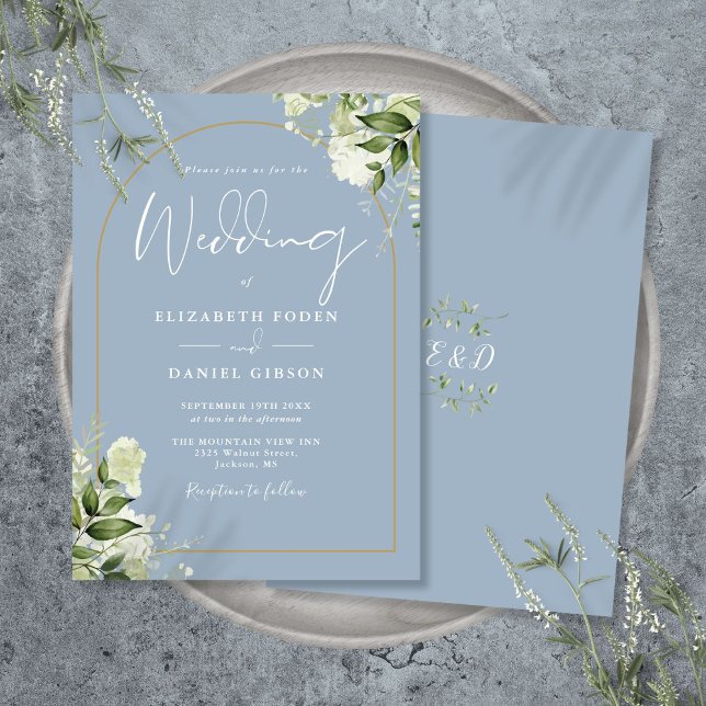 Faire-part de mariage à monogramme arqué or avec v (Dusty Blue Greenery Gold Arch Monogram Wedding Invitation)