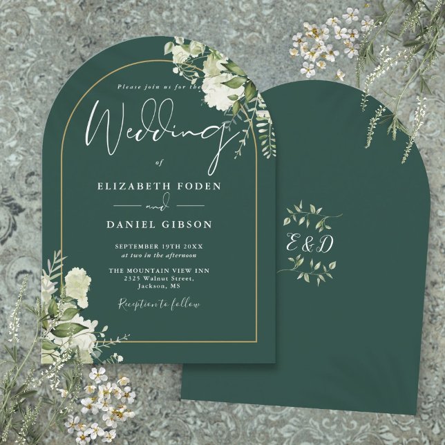 Faire-part de mariage à monogramme avec arche en o (Emerald Green Greenery Gold Arch Monogram Wedding Invitation)