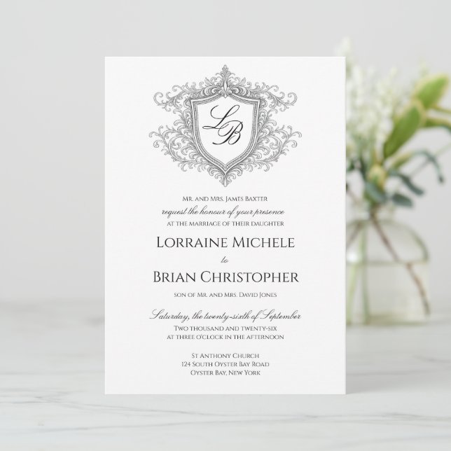 Faire-part de mariage à monogramme avec blason Ele (Debout devant)