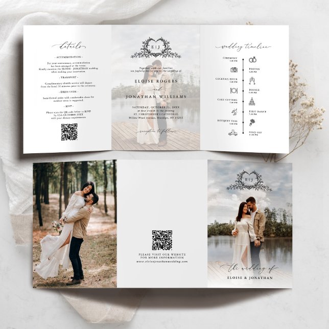 Faire-part de mariage à monogramme avec blason min (Modern Minimalist Crest monogram tri fold photo Wedding Invite / announcement with QR code timeline)
