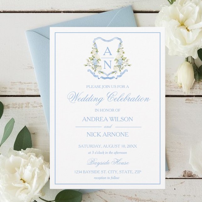 Faire-part de mariage à monogramme avec crête d'ho (Blue Hydrangea Crest Monogram Invitation)