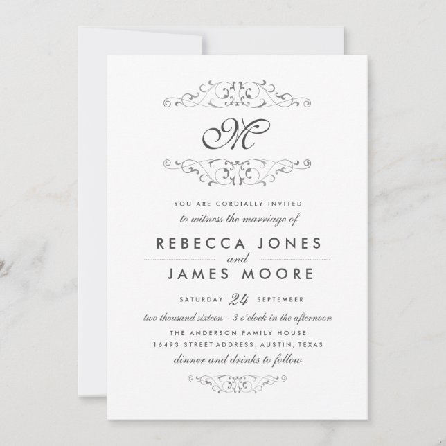 Faire-part de mariage à monogramme avec fioriture  (Devant)