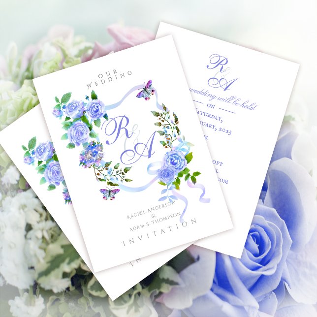 Faire-part de mariage à monogramme avec ruban de r (Trendy Blue Rose Bow Ribbon
Wedding Invitation Card.)