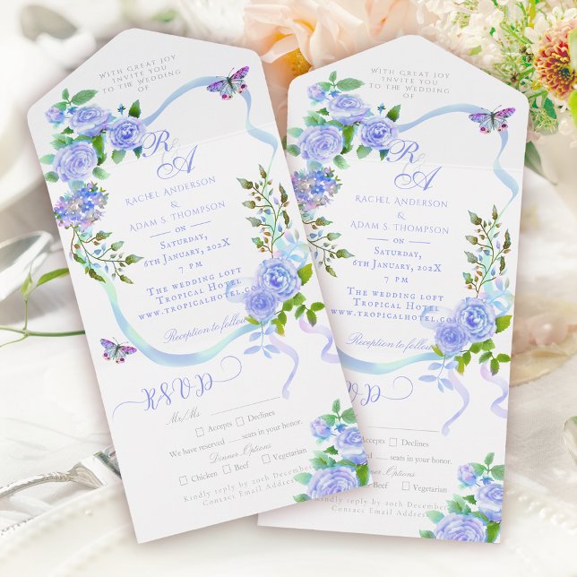 Faire-part de mariage à monogramme avec ruban de r (Blue Rose Ribbon Monogram Wedding Invitation)