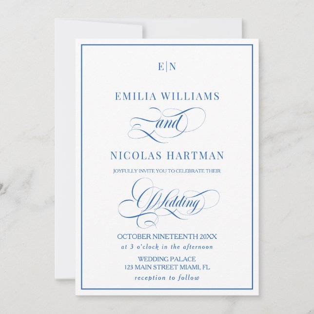 Faire-part de mariage à monogramme bleu et blanc (Devant)