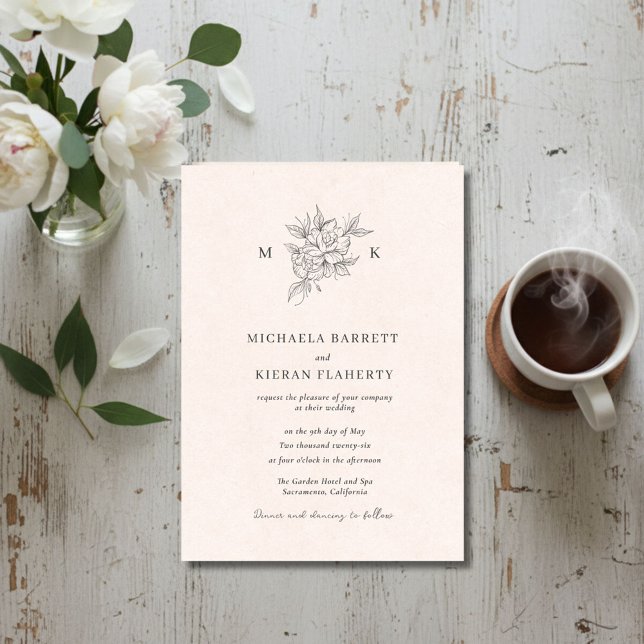 Faire-part de mariage à monogramme botanique rose  (Blush Pink Botanical Monogram Wedding Invitation)