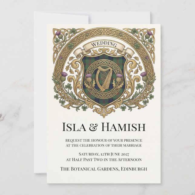 Faire-part de mariage à monogramme celtique or (Devant)