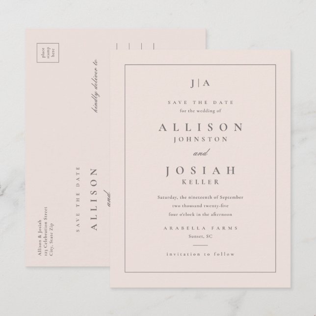 Faire-Part de Mariage à Monogramme Classique (Devant / Derrière)