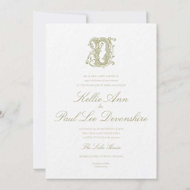 Faire-part de mariage à monogramme "D" vert olive (Devant)