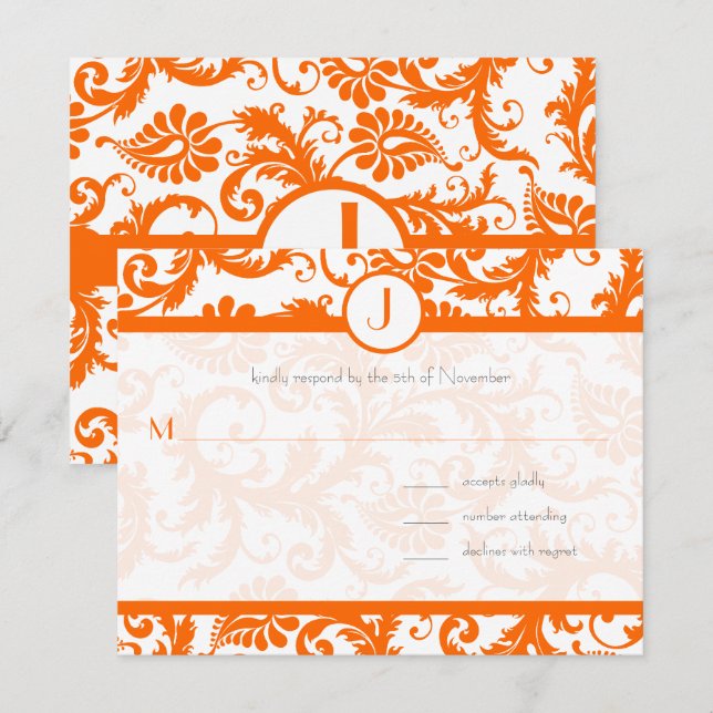 Faire-part de mariage à monogramme damassé orange (Devant / Derrière)