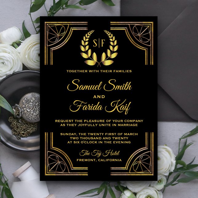 Faire-part de mariage à monogramme de laurier en o (Créateur téléchargé)
