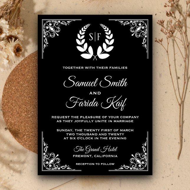 Faire-part de mariage à monogramme de laurier noir (Créateur téléchargé)