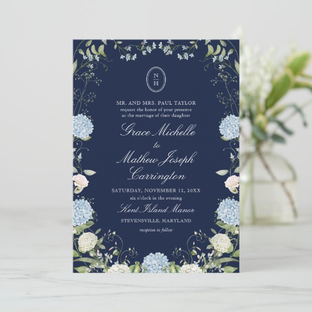 Faire-part de mariage à monogramme d'hortensia ble (Debout devant)