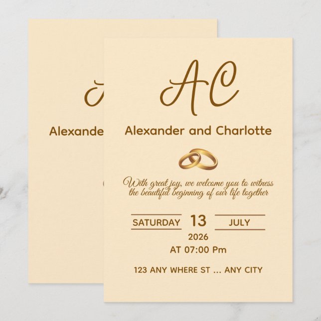 Faire-part de mariage à monogramme doré (Devant / Derrière)