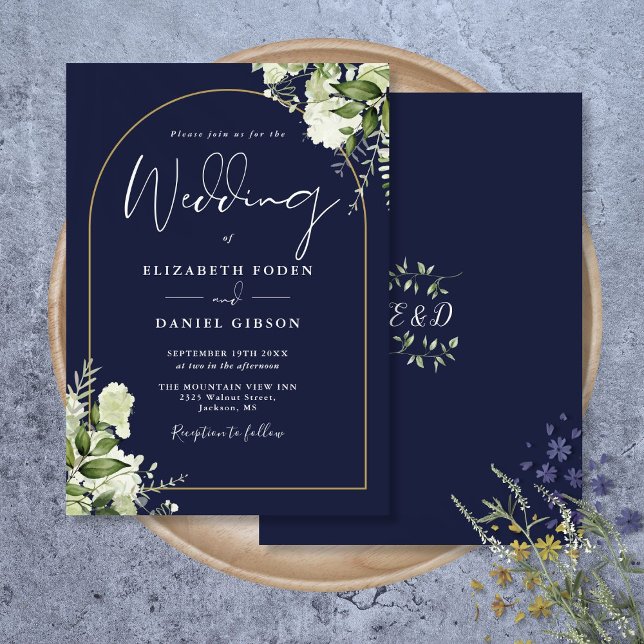 Faire-part de mariage à monogramme en arche de ver (Navy Blue Greenery Gold Arch Monogram Wedding Invitation)