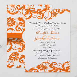 Faire-part de mariage à monogramme en damas orange