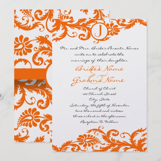 Faire-part de mariage à monogramme en damas orange (Devant / Derrière)