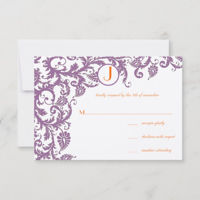 Faire-part de mariage à monogramme en damas prune  (Devant)