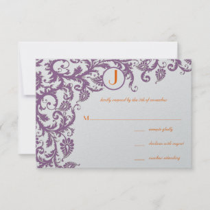 Faire-part de mariage à monogramme en damas prune 