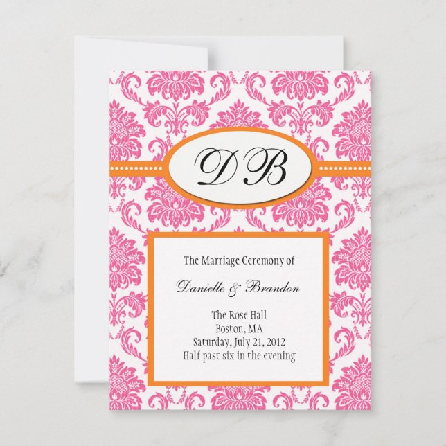 Faire-part de mariage à monogramme en damas rose e (Devant)