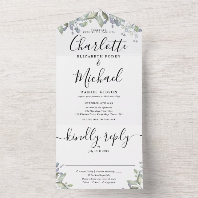 Faire-part de mariage à monogramme floral verdoyan (À l'intérieur)