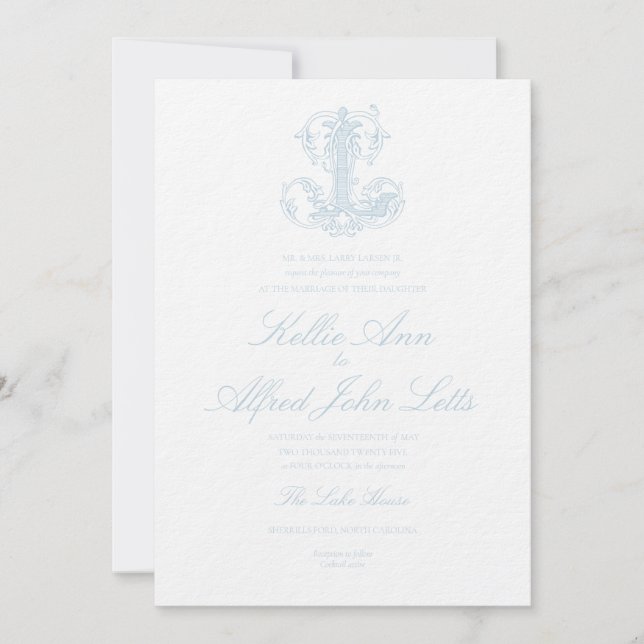 Faire-part de mariage à monogramme "L" bleu clair (Devant)