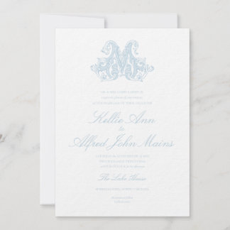 Faire-part de mariage à monogramme "M" bleu clair