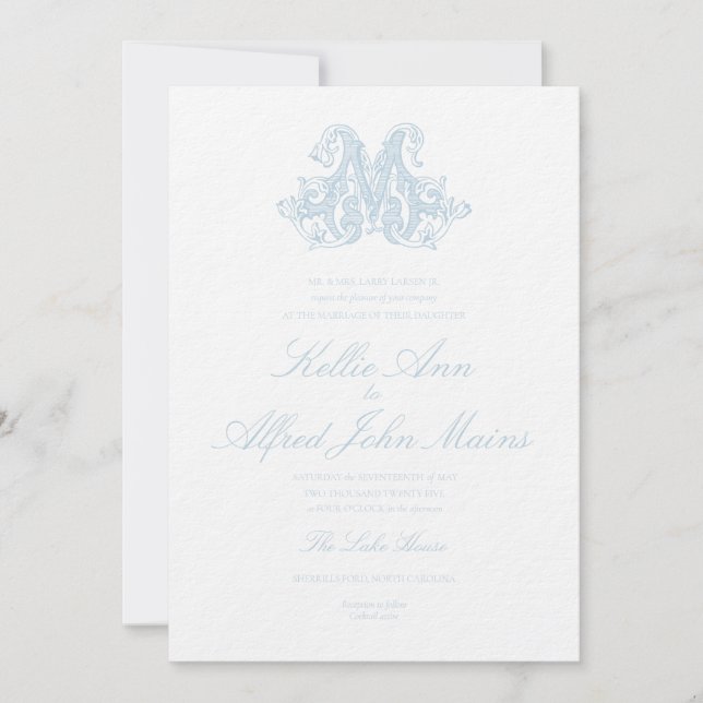 Faire-part de mariage à monogramme "M" bleu clair (Devant)