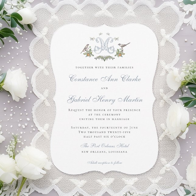 Faire-part de mariage à monogramme «M» Love Birds (Créateur téléchargé)