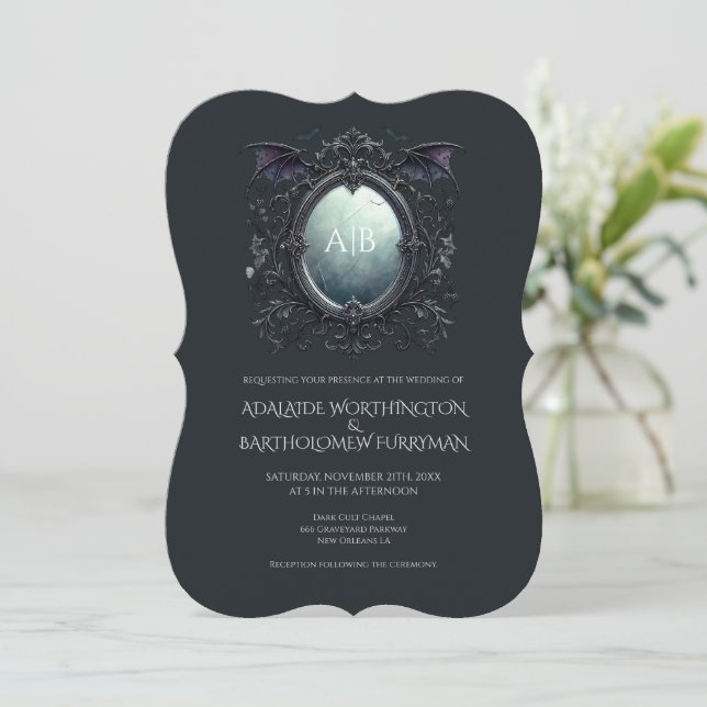 Faire-part de mariage à monogramme miroir gothique (Debout devant)