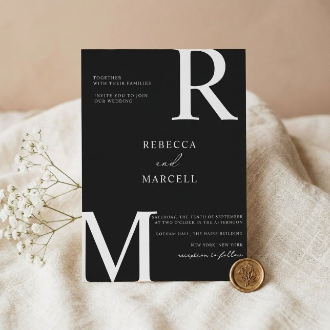 Faire-part de mariage à monogramme noir et blanc m (Créateur téléchargé)
