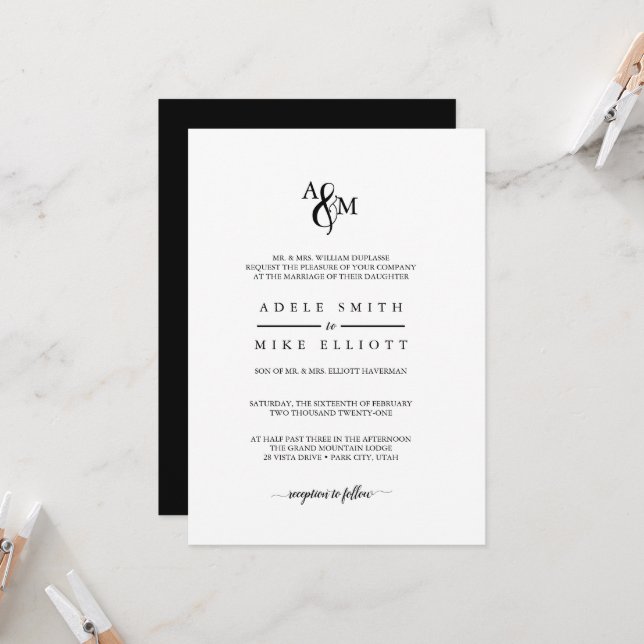 Faire-part de mariage à monogramme noir et blanc m (Devant/Arrière en situation)
