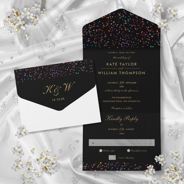 Faire-part de mariage à monogramme noir et or avec (Rainbow Confetti Black And Gold Monogram Wedding All In One Invitation)