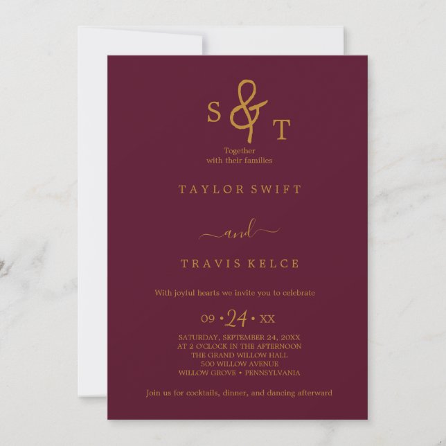 Faire-part de mariage à monogramme or et bordeaux (Devant)